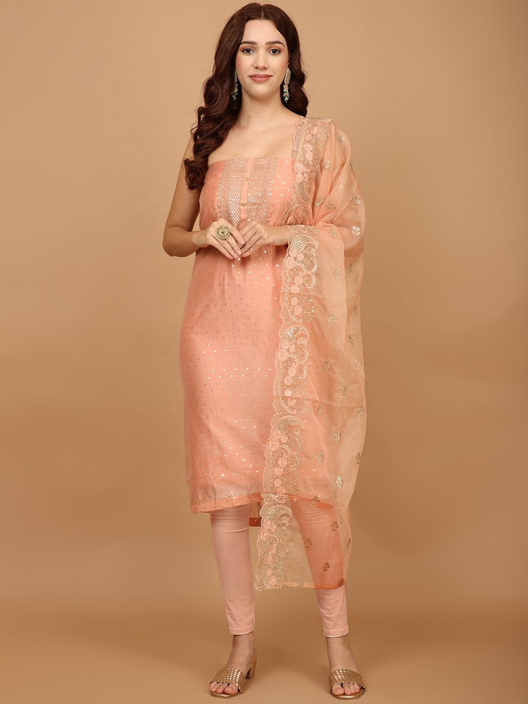 

Meena Bazaar Woven Design Unstitched Dress Material, Peach