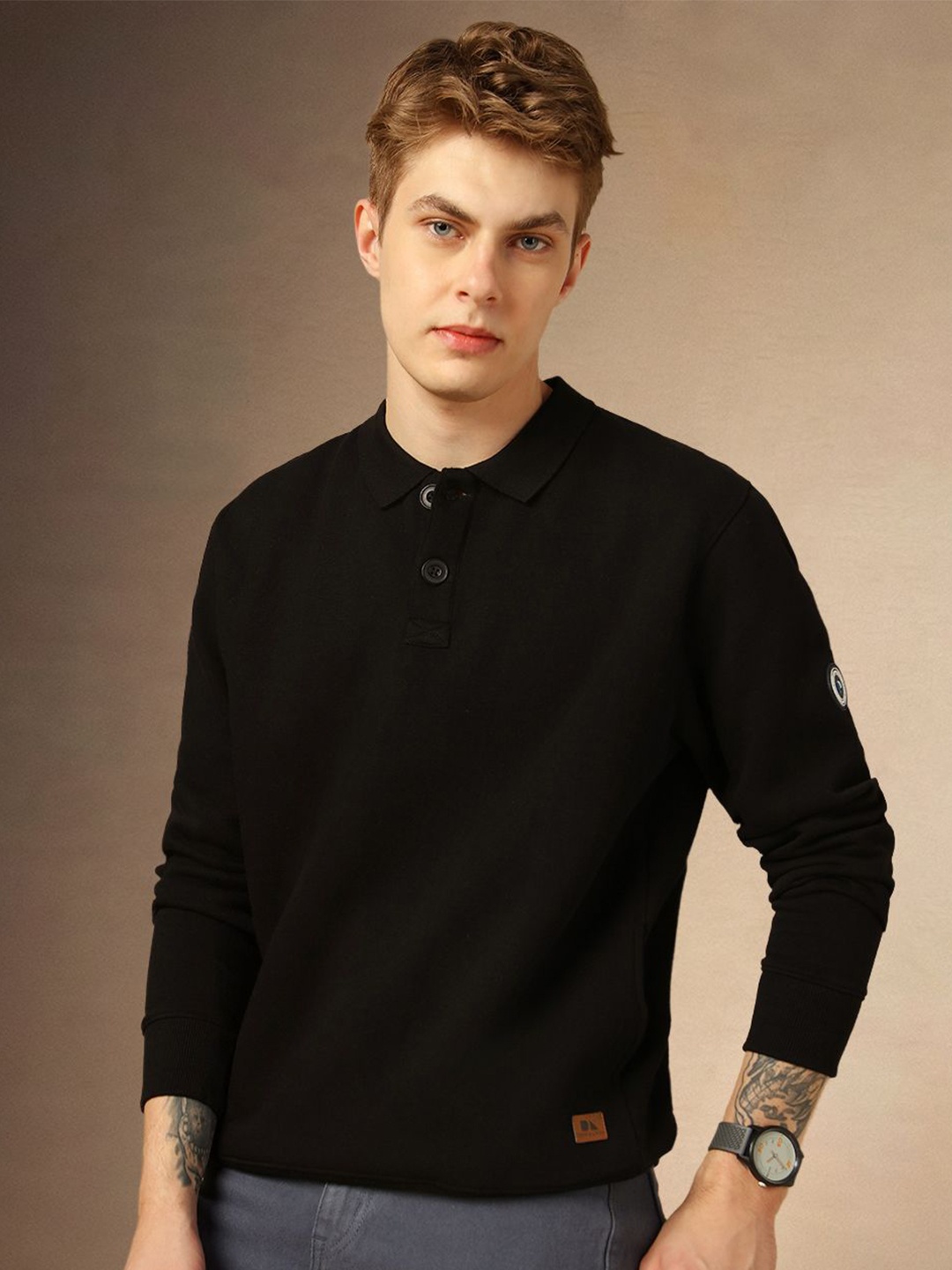 

Dennis Lingo Mock Collar Cotton Pullover, Black