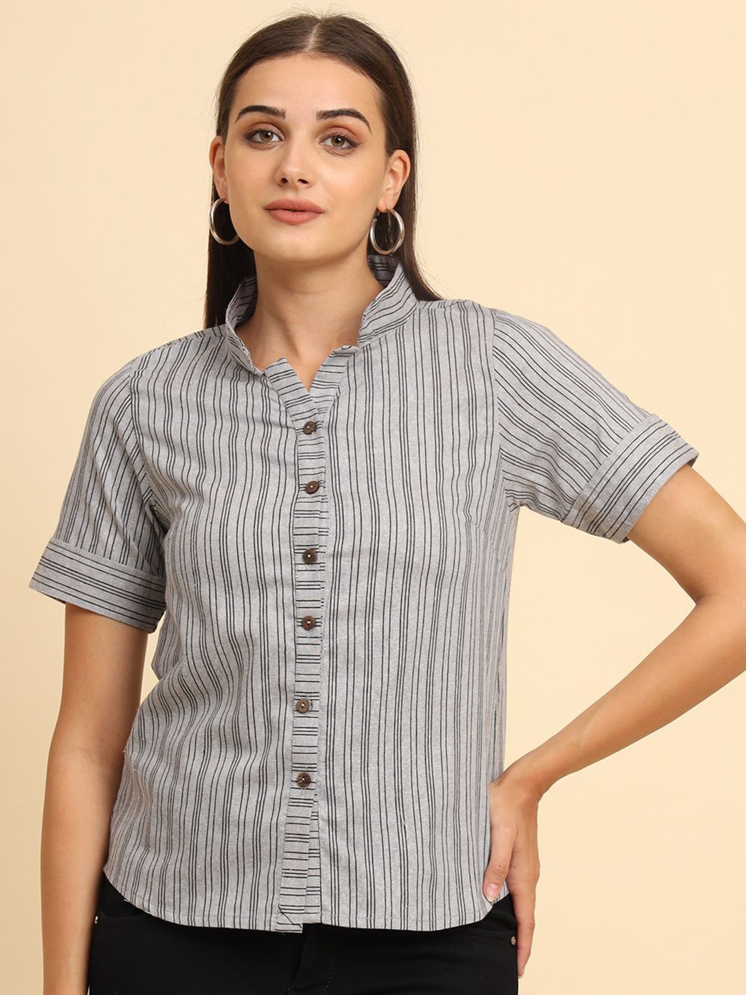 

Anouk Rustic Vertical Striped Cotton Casual Shirt, Grey