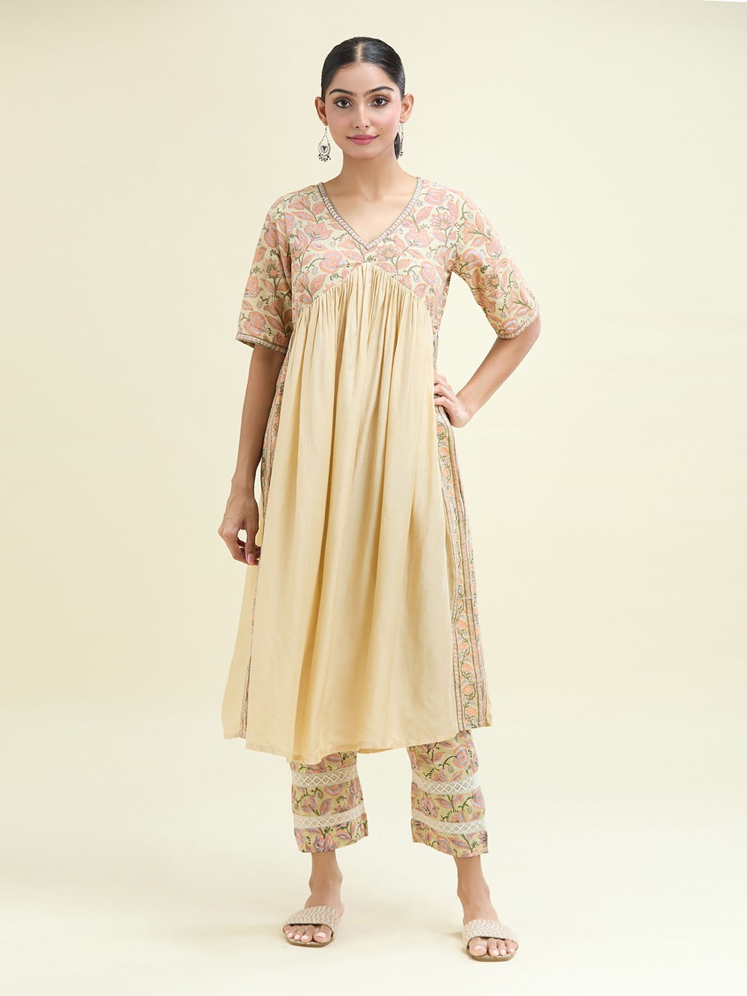 

Samyukta Singhania Floral Printed Empire A-Line Kurta with Palazzos, Beige