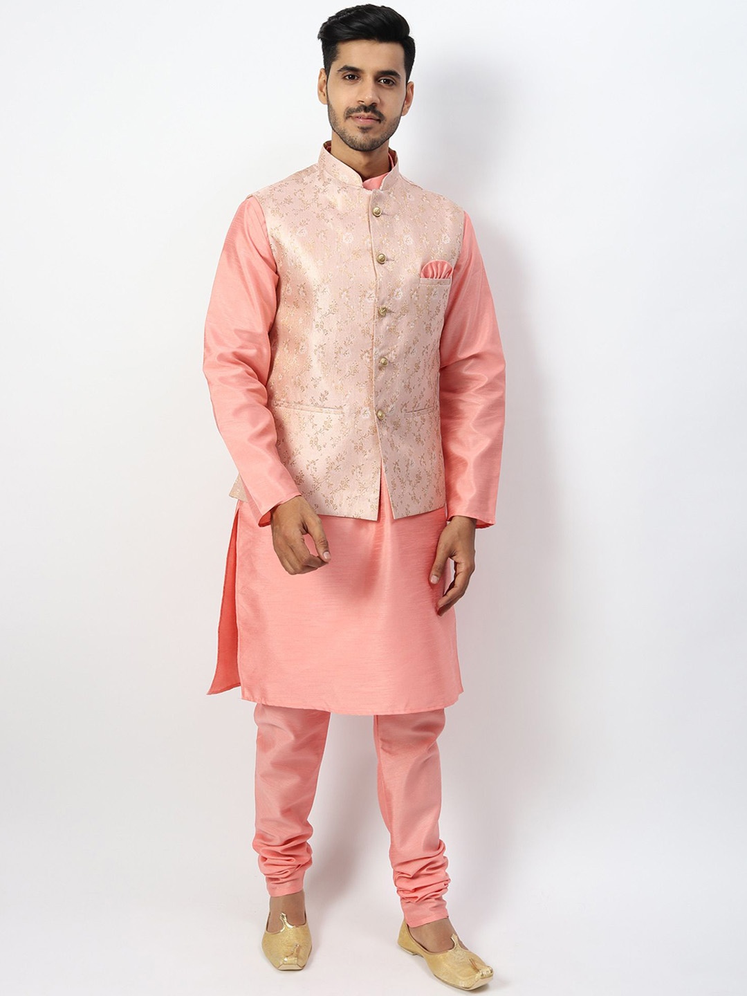 

Ethluxis Mandarin Collar Jacquard Weave Kurta with Churidar & Embroidered Nehru Jacket, Pink