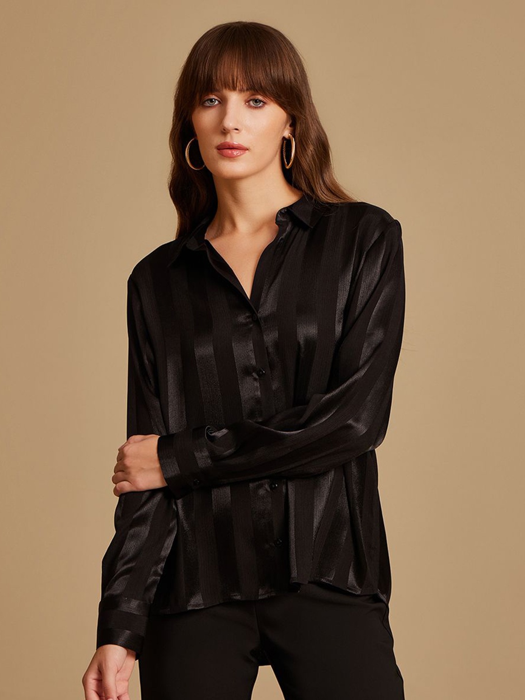 

Kazo Women Spread Collar Solid Casual Shirt, Black