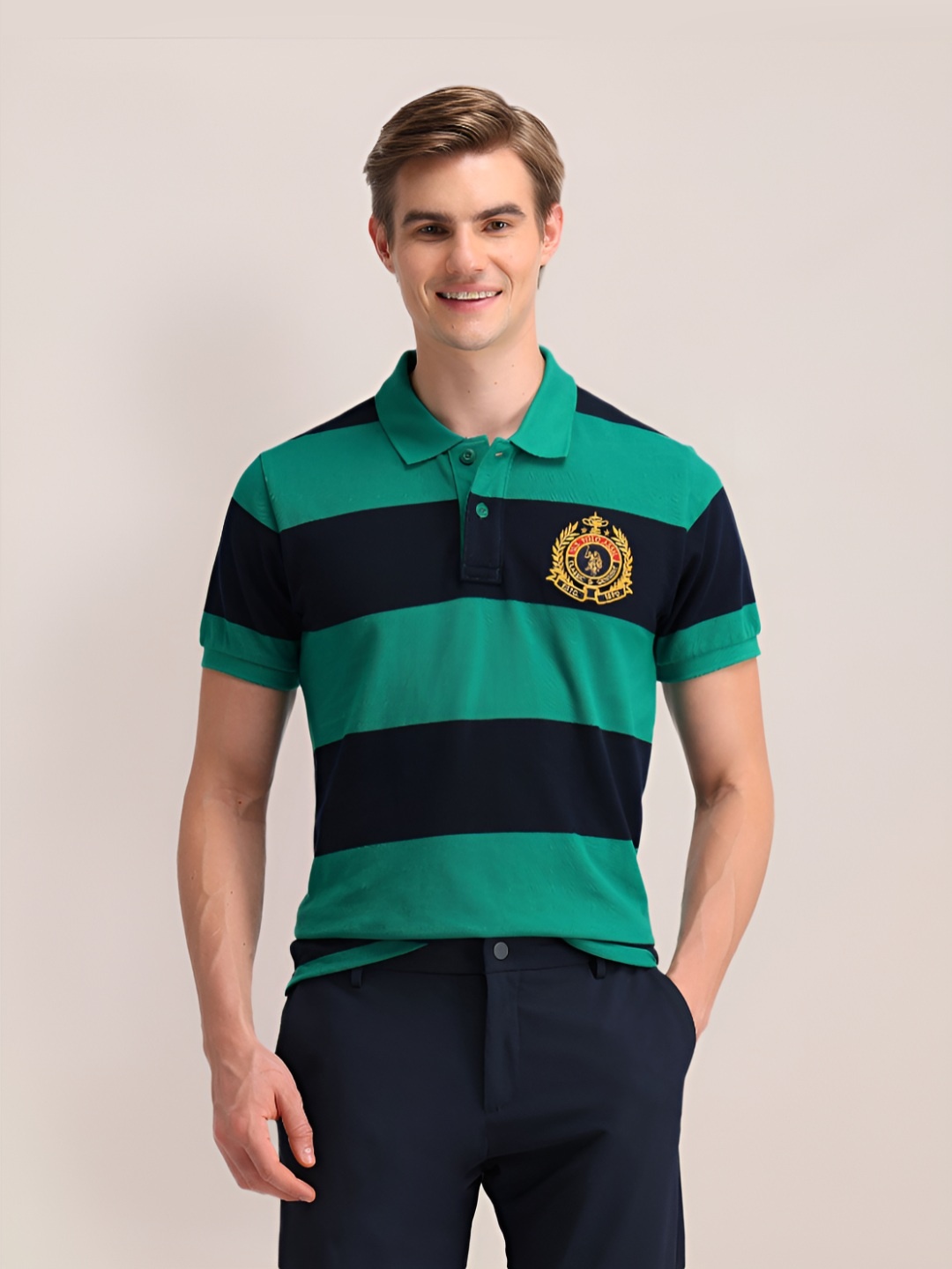 

U.S. Polo Assn. Men Striped Polo Collar Cotton Slim Fit T-shirt, Green