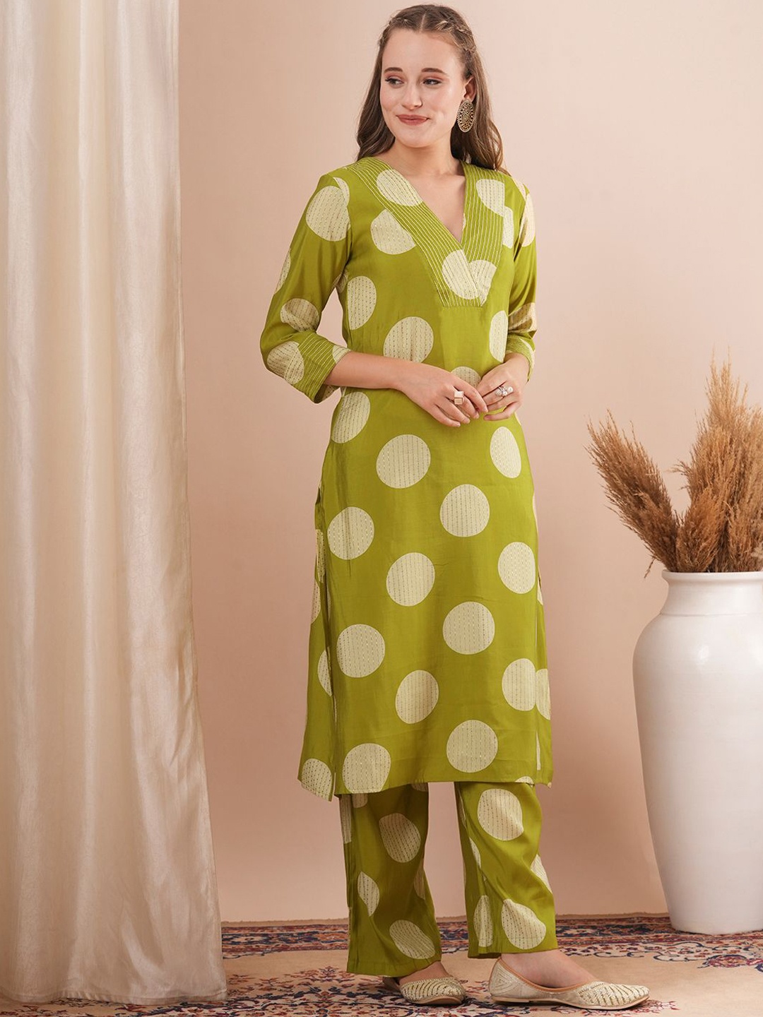 

FASHOR Foil Polka Dots Printed V-Neck Tunic With Palazzos, Green