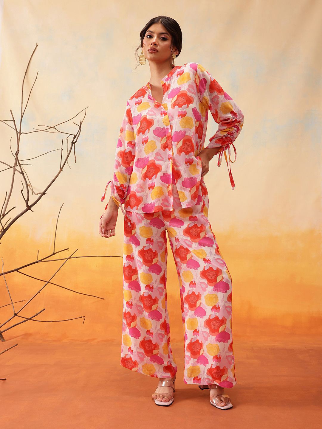 

indo street Floral Printed Shirt With Trousers, Orange