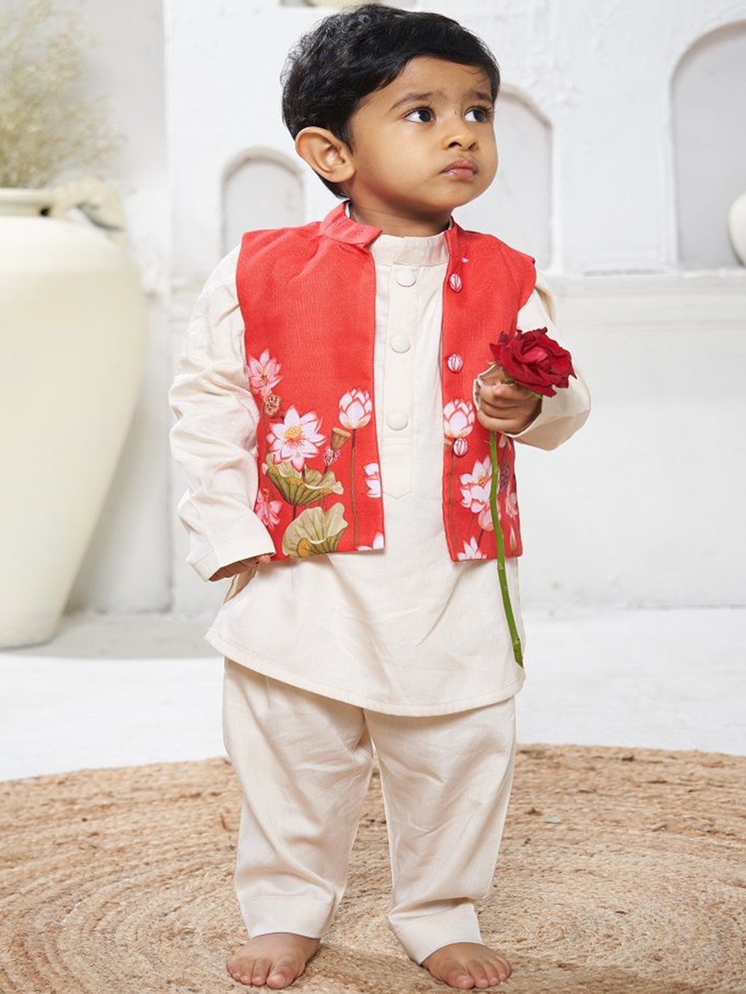 

Vivedkids Boys Mandarin Collar Pure Cotton Straight Kurta With Trousers & Jacket, Red