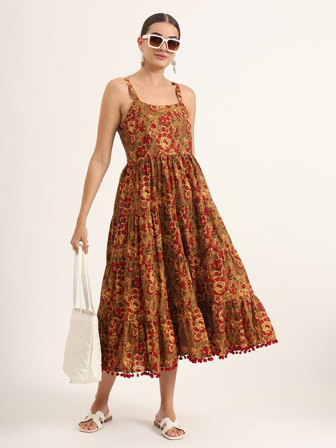 

Divena Floral Print with Pom-Pom Detail Fit & Flare Midi Dress, Mustard