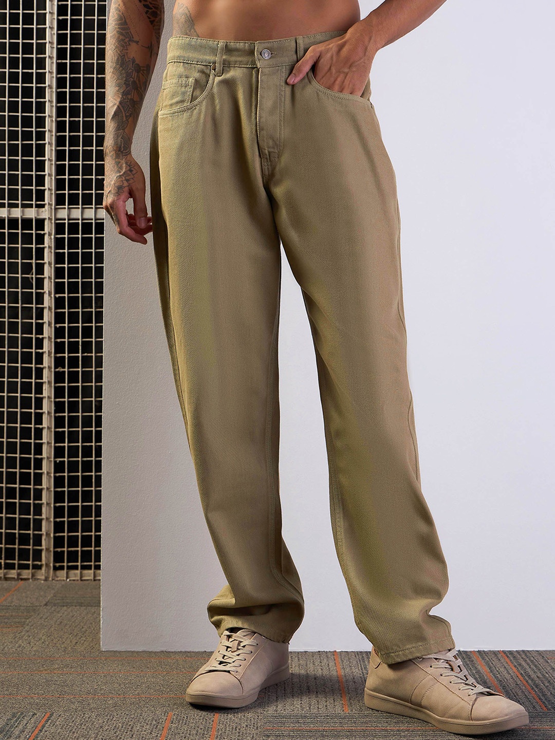 

MASCLN SASSAFRAS Men Slouchy Fit Cotton Comfort Jeans, Khaki