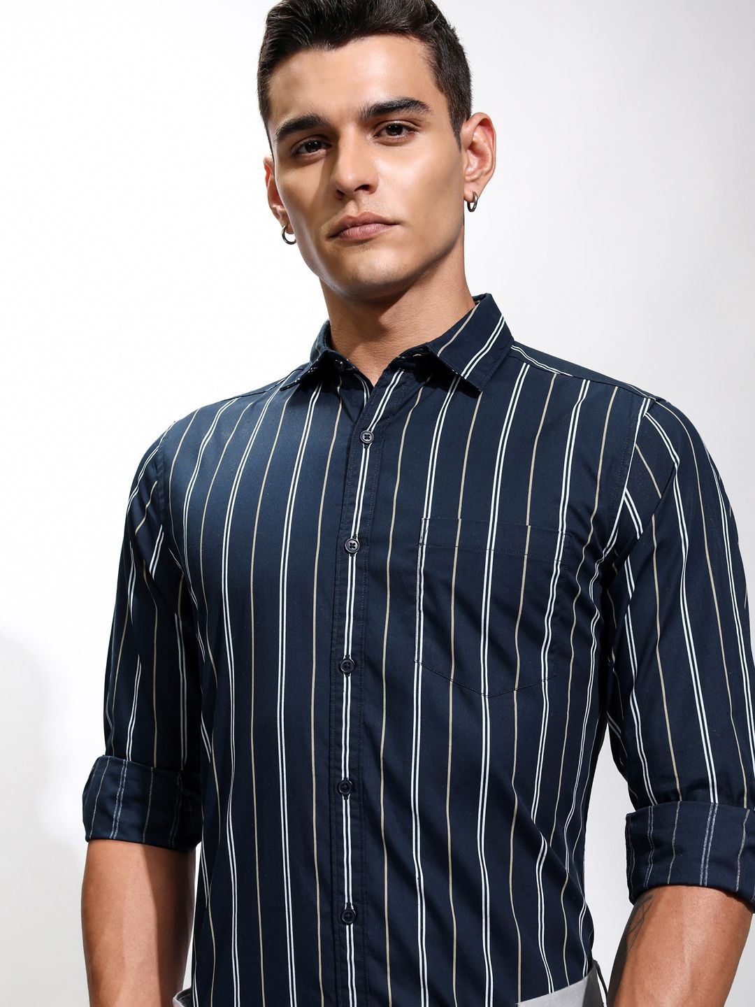 

Highlander Men Reg Collar Full Sleeve Aop Striper Shirt, Navy blue