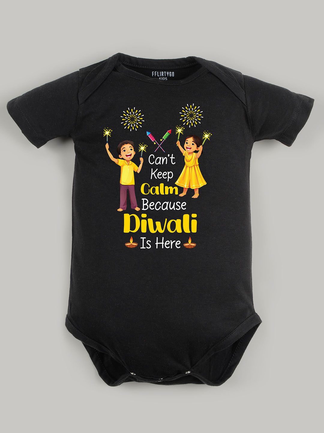 

FFLIRTYGO Kids Printed Pure Cotton Round Neck Short Sleeves Bodysuit, Black