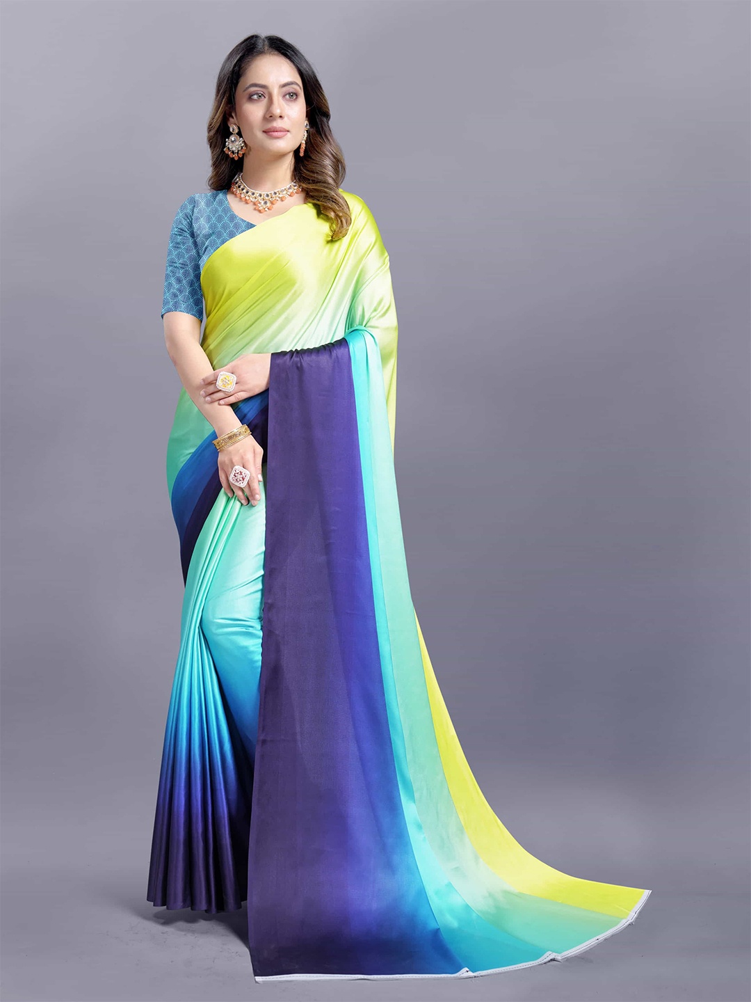 

V3 FASHION STUDIO Ombre Satin Saree, Blue