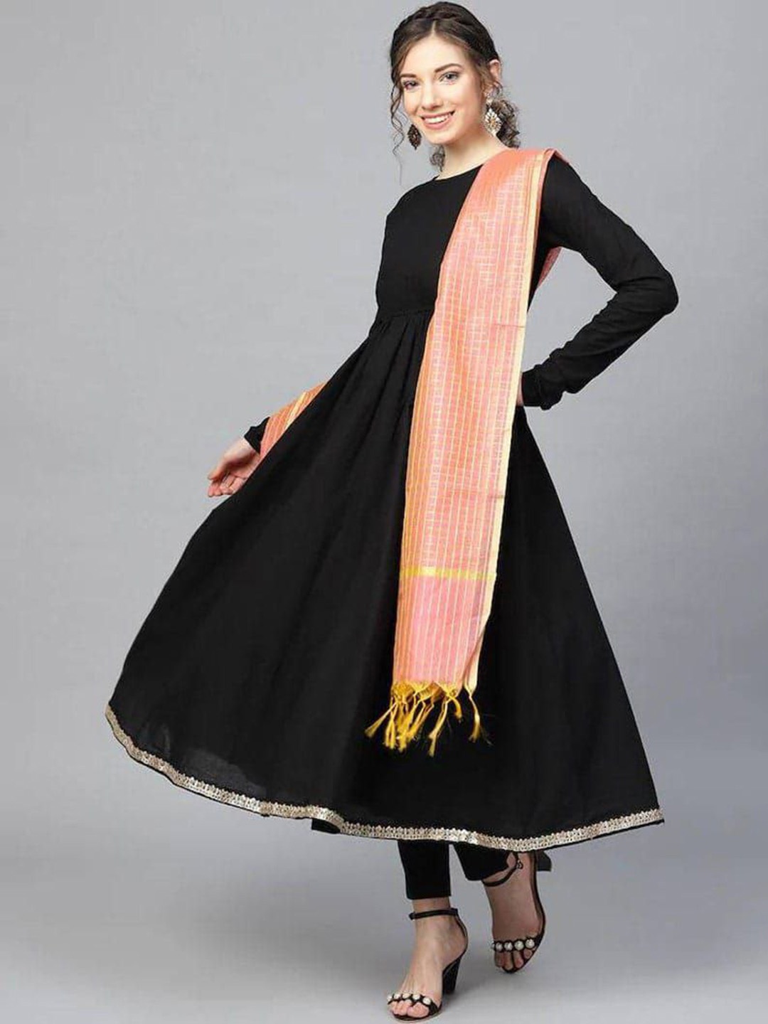 

Jinal & Jinal Round Neck Anarkali Kurta With Trousers & Dupatta, Black