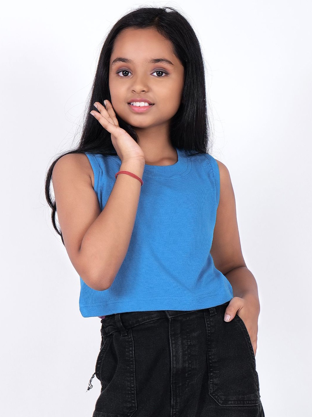 

CHARMGAL Girls Round Neck Rib Knit Crop Top, Blue