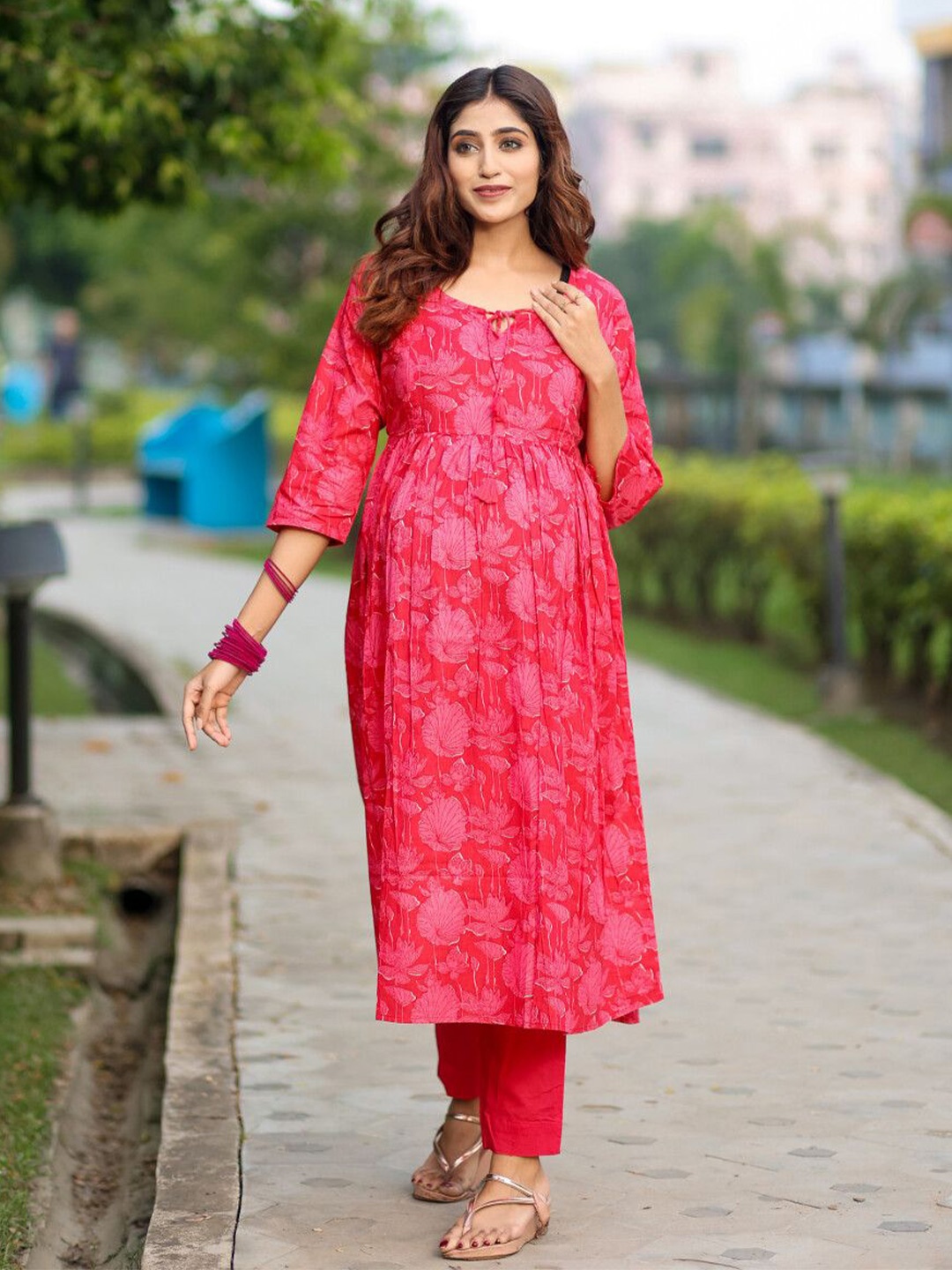 

Aujjessa Floral Printed Pure Cotton Maternity Anarkali Kurta, Coral