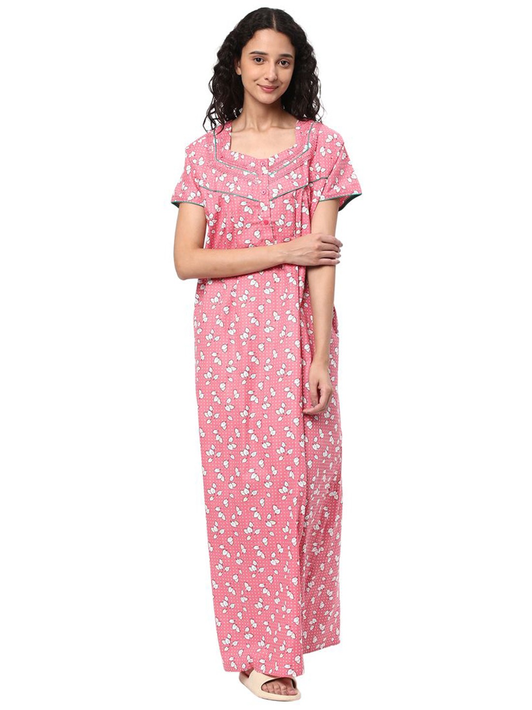 

KOVIRA Women Pure Cotton Printed Maxi Nightdress, Pink