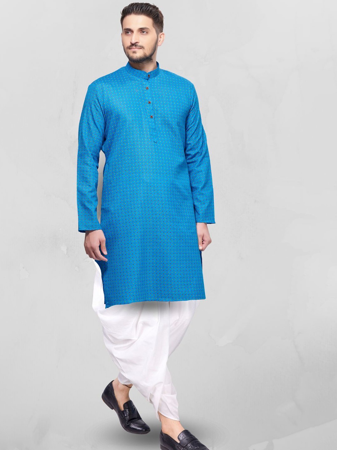 

SHIWAM ETHNIX Polka Dots Printed Straight Kurta with Dhoti Pants, Blue