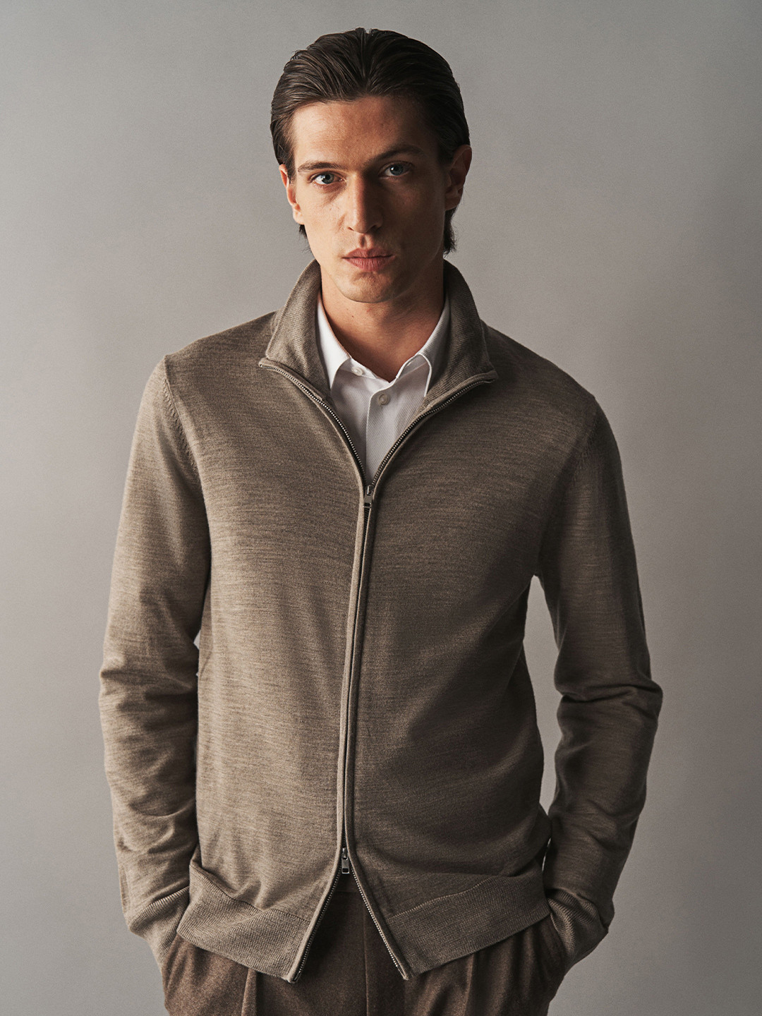 

H&M Men Slim Fit Zip-through Merino Wool Cardigan, Beige