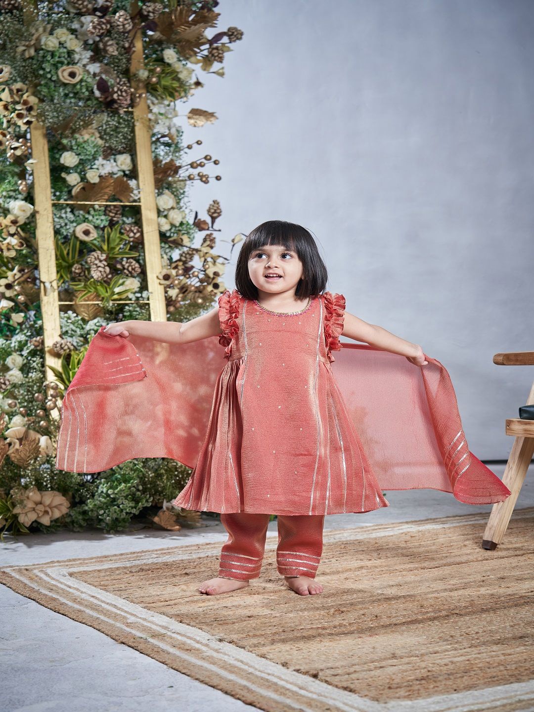 

Vivedkids Girls Ethnic Motifs Embroidered Sequined A-Line Kurta With Trousers & Dupatta, Rust