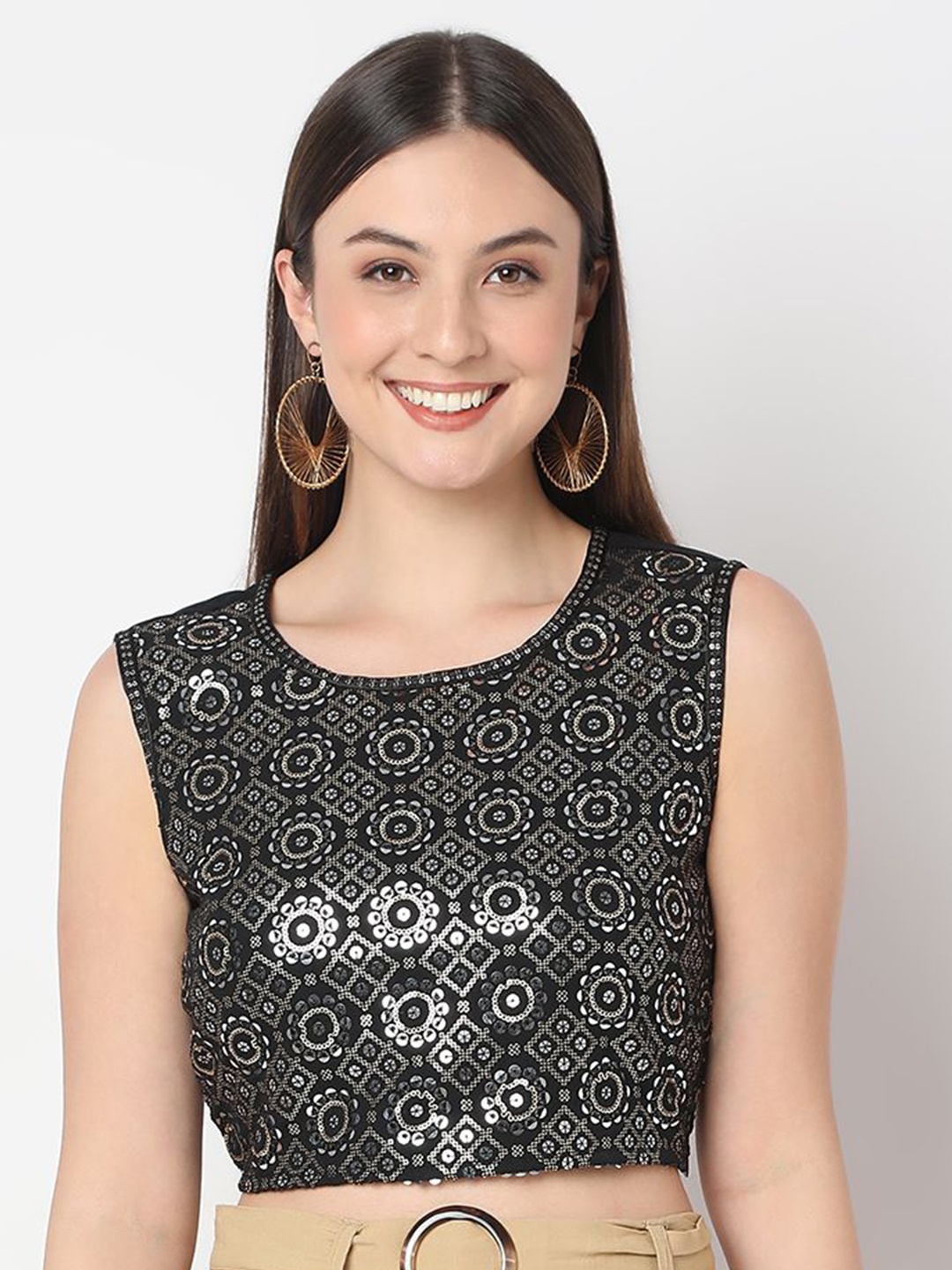 

Ethnicity Women Sequinned Geometric Print Top, Black