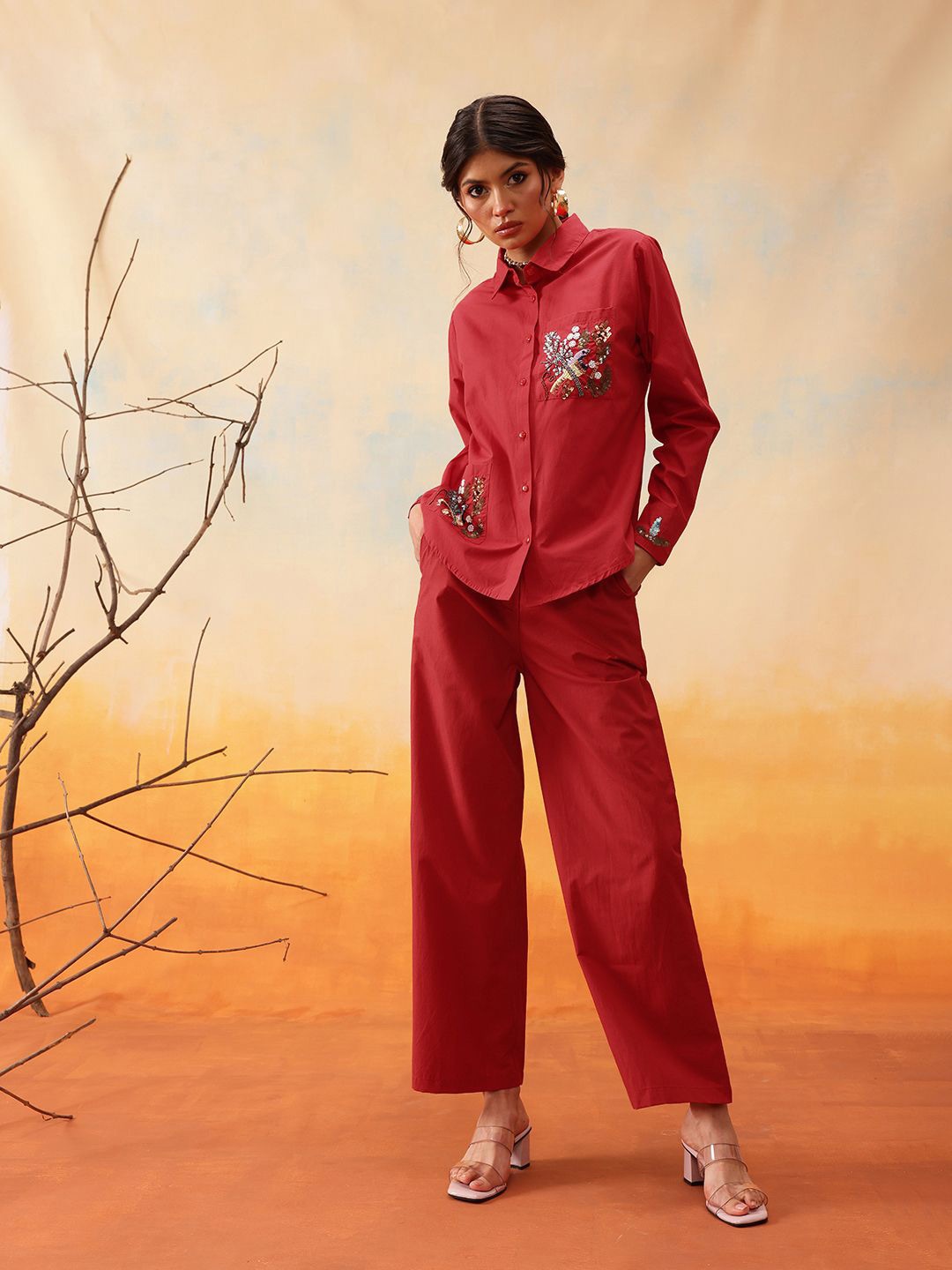 

indo street Embroidered Shirt With Trousers, Red