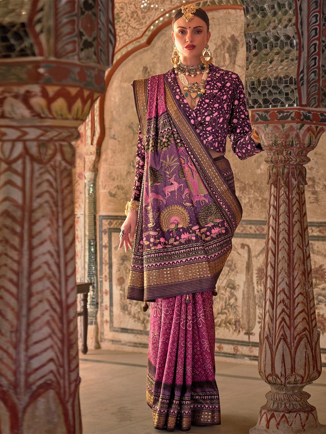 

MySilkLove Floral Printed Patola Saree, Pink
