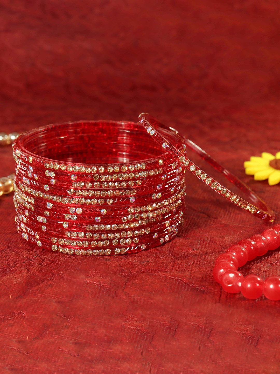 

LAVAZZA Set Of 12 Zircon Diamond Stone Studded & Beads Bangle, Red