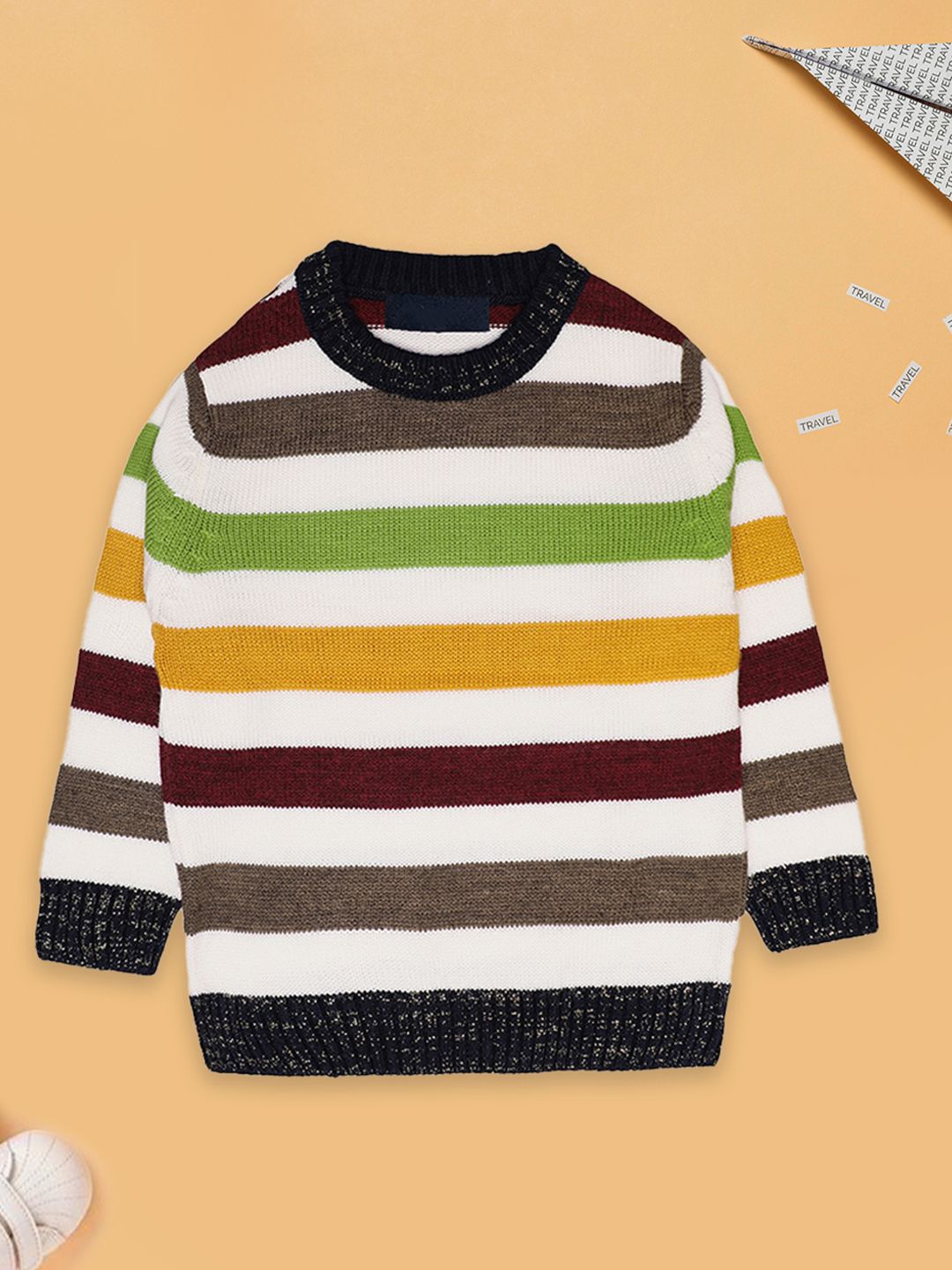 

CHKOKKO Girls Striped Woollen Pullover, Black