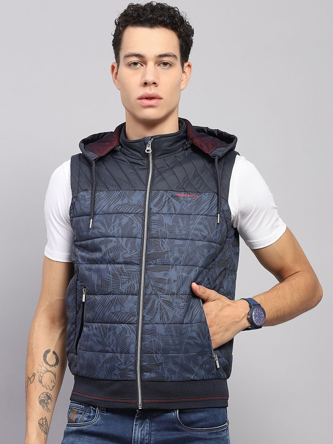 

Monte Carlo Men Hooded Abstract Printed Casual Padded Jacket, Blue