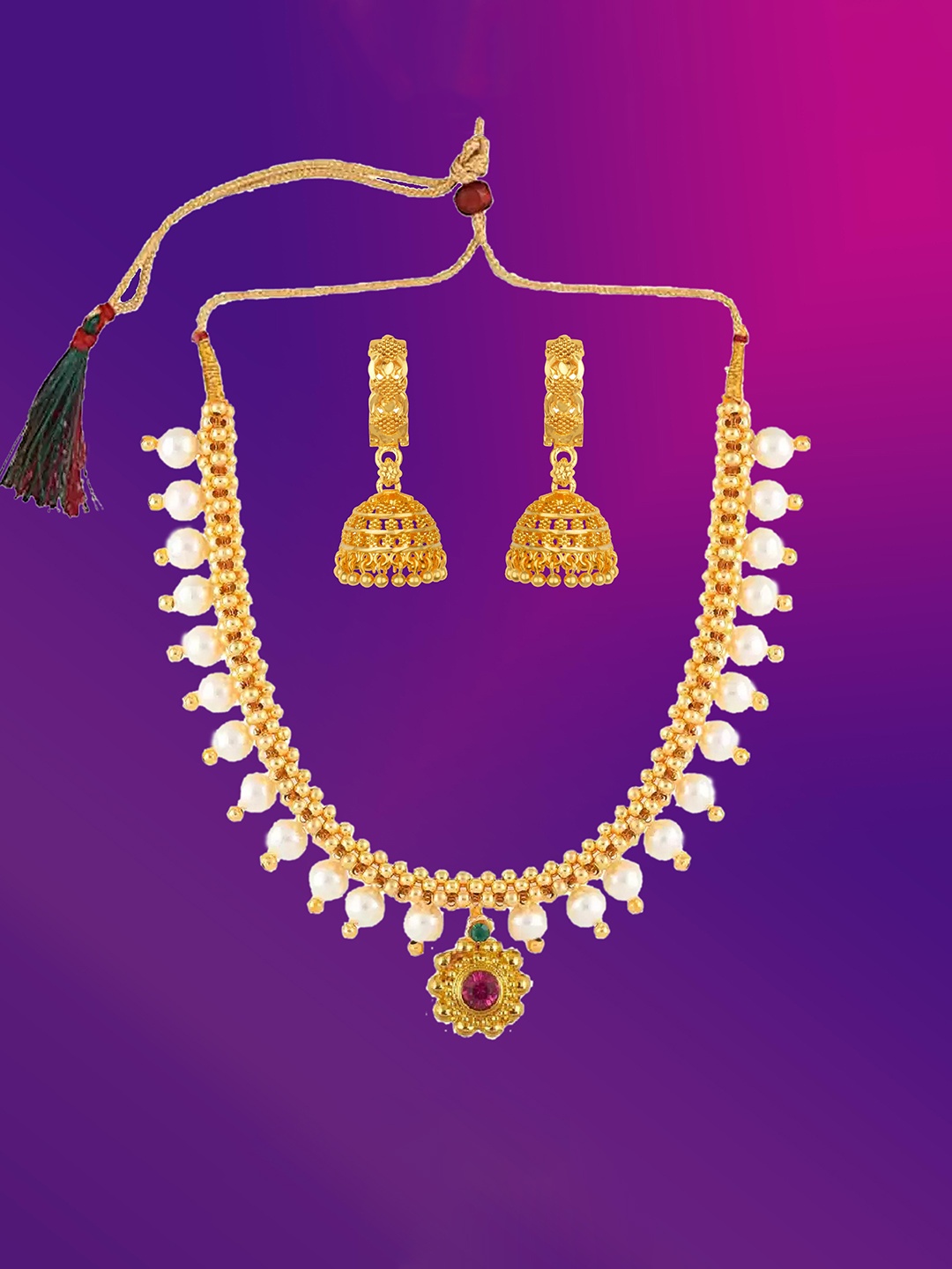 

Lila Gold- Plated Stone Studded & Beaded Jewellery Set