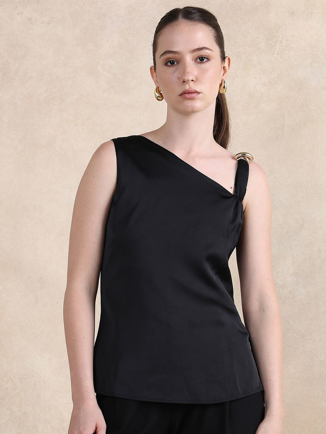 

RAREISM Women One Shoulder Cotton Sleeveless Party Wear Top, Black