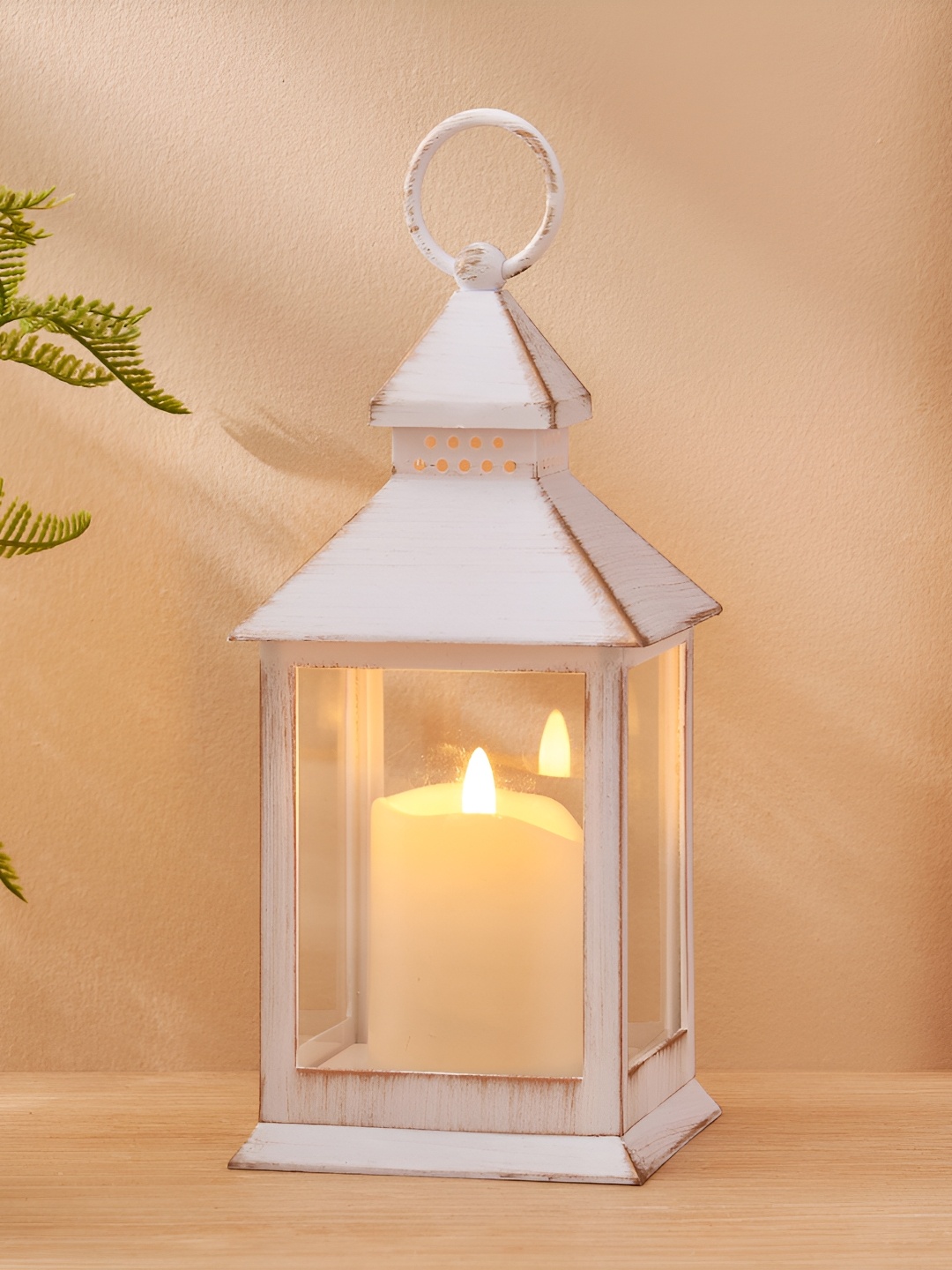 

Home Centre Pegasus White Glass Lantern Shaped Candle Holder with LED Candle