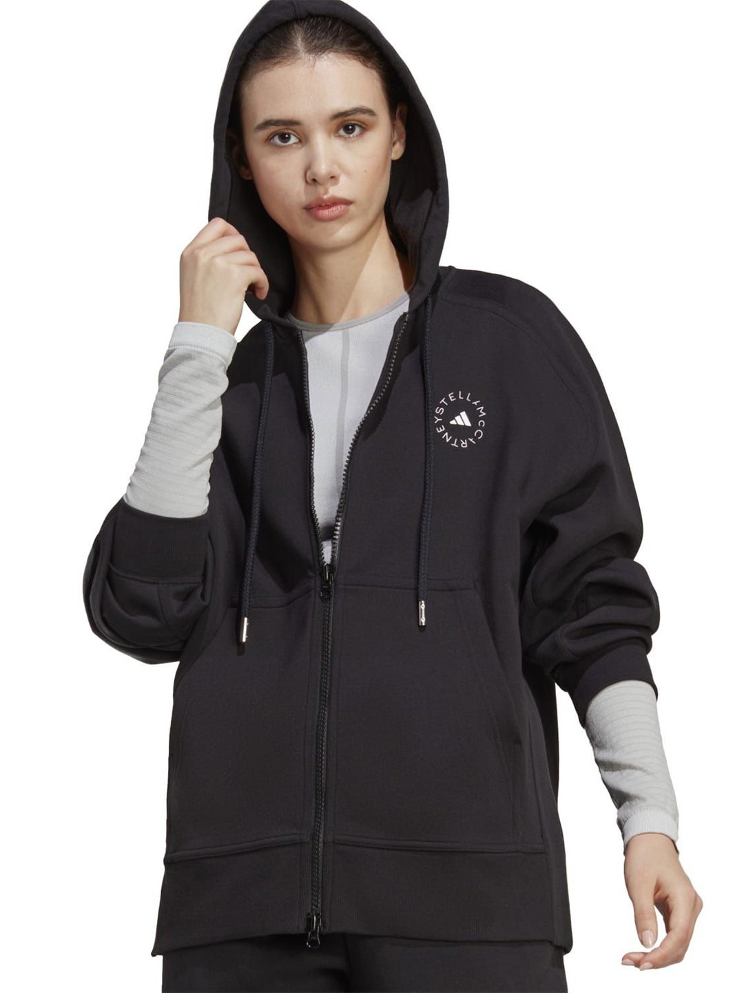 

ADIDAS Women Cotton Black Hooded Open Front Jacket
