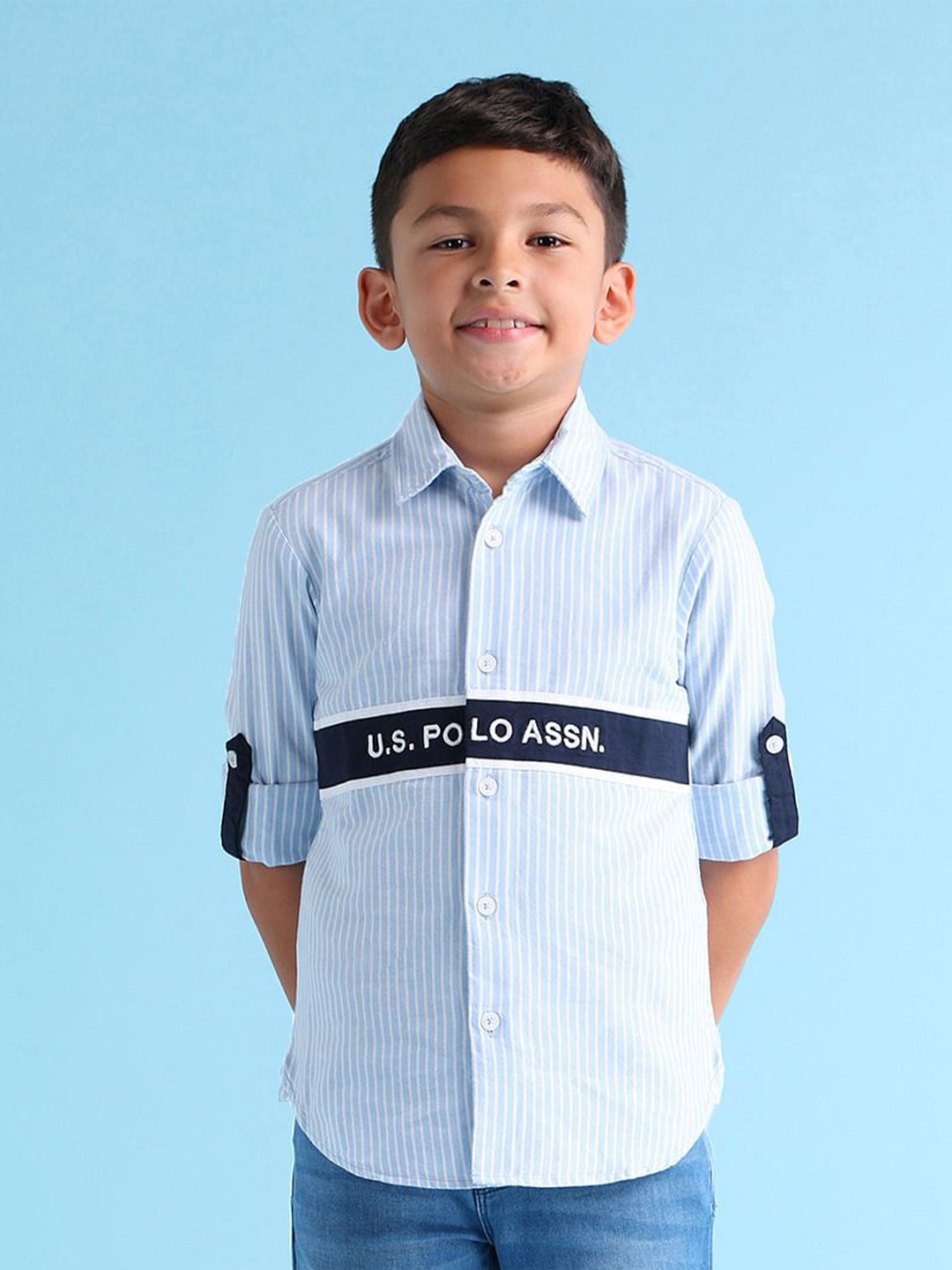 

U.S. Polo Assn. Kids Boys Classic Spread Collar Brand Logo Striped Cotton Casual Shirt, Blue