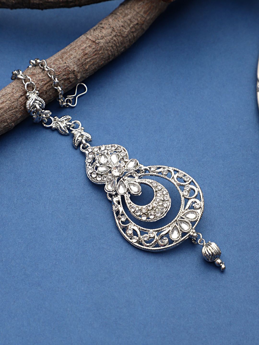 

CARDINAL American Diamond Studded Maang Tikka Head Jewellery, Silver