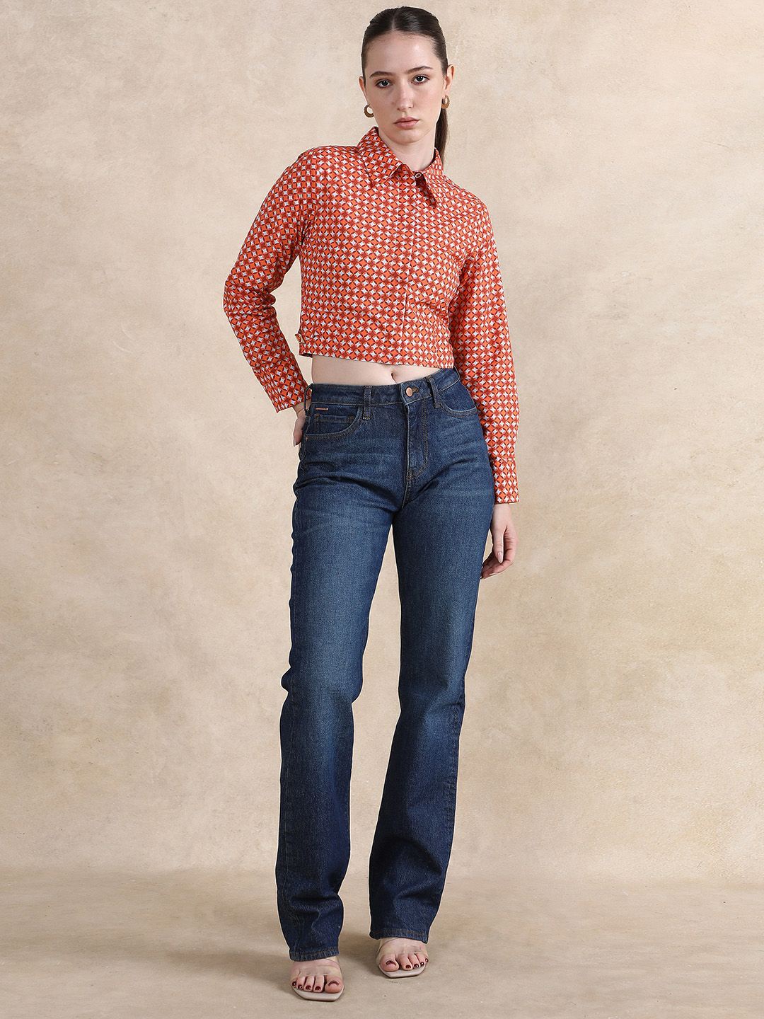 

RAREISM Geometric Printed Cotton Shirt Style Crop Top, Multi