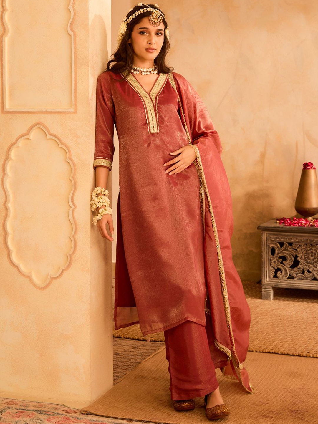 

Bani Women Gotta Patti Pure Silk Straight Kurta with Trousers & Dupatta, Rust
