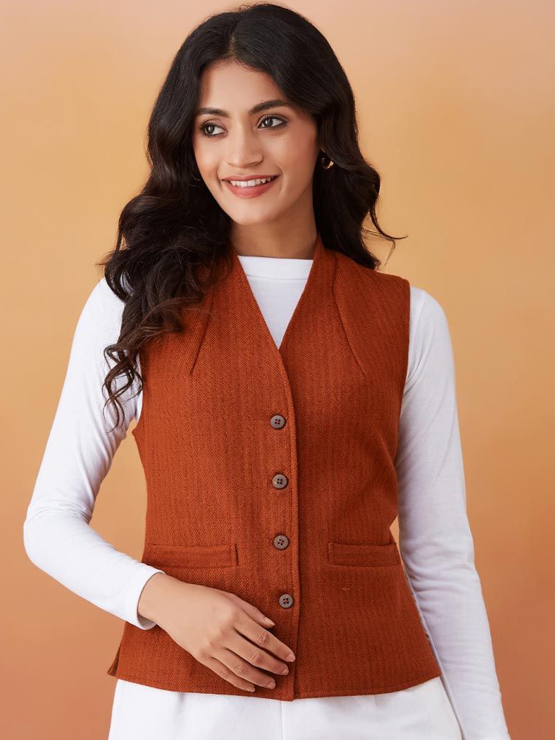 

Fabindia Women Collarless Self Design Woollen Casual Tailored Jacket, Rust