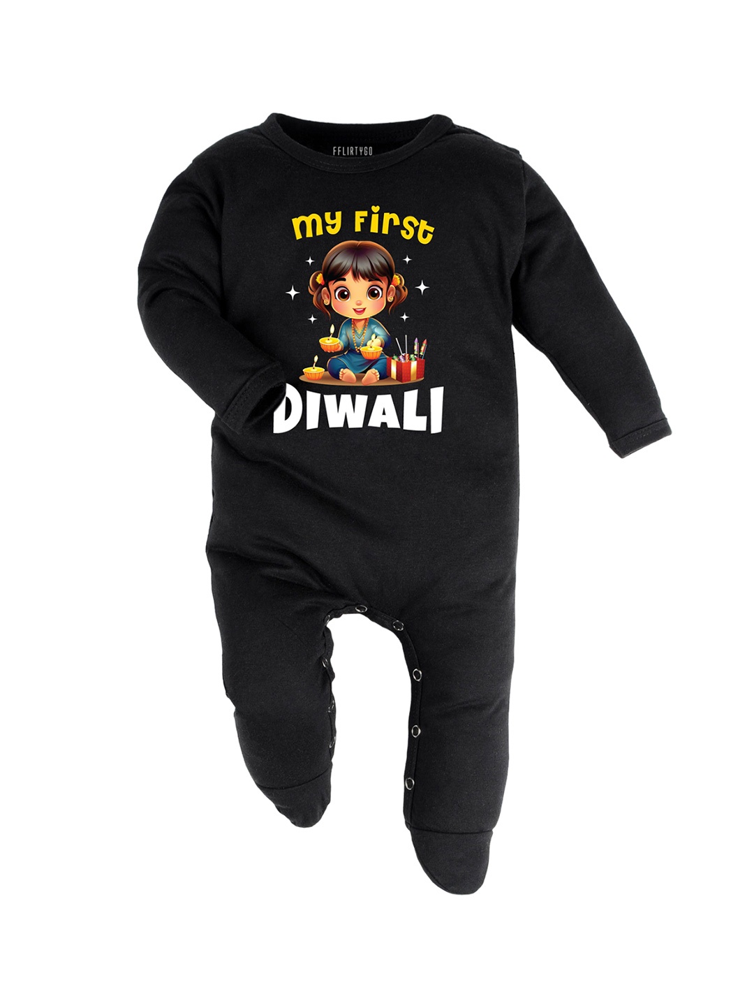 

FFLIRTYGO Kids Diwali Printed Cotton Sleepsuit, Black