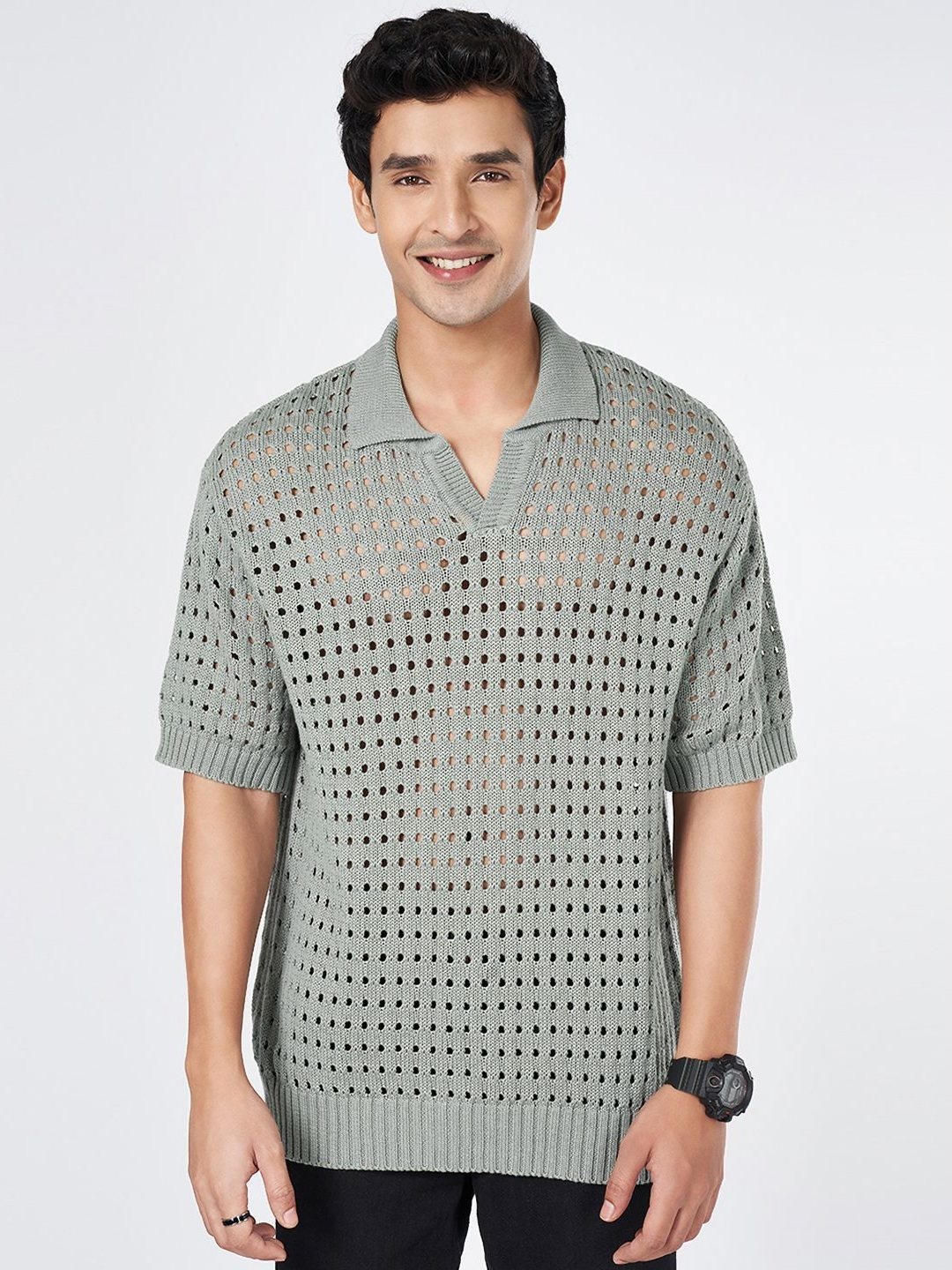 

People Men Self Design Polo Collar Cotton T-shirt, Grey