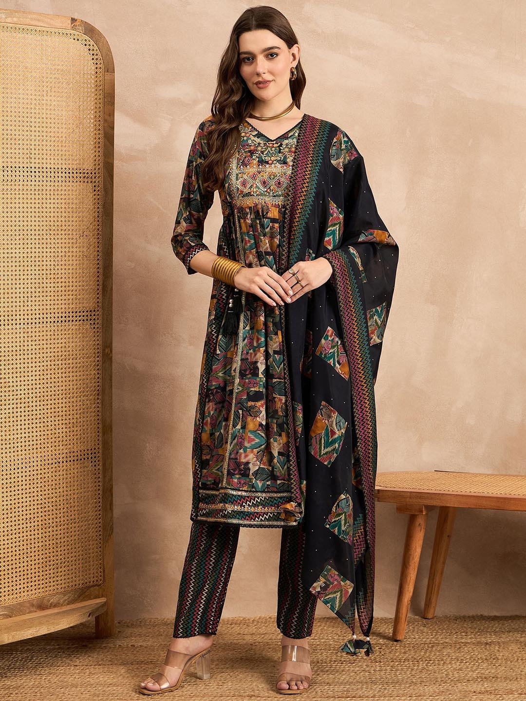 

all about you Geometric Printed Thread Work Chanderi Silk A-Line Kurta & Trouser & Dupatta, Black