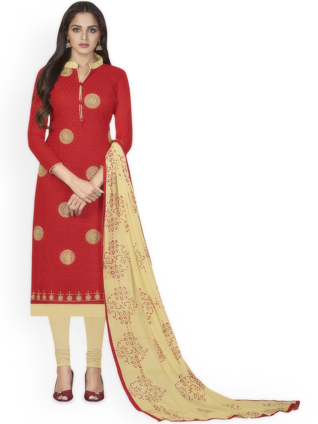 

Maroosh Geometric Embroidered Unstitched Dress Material, Red