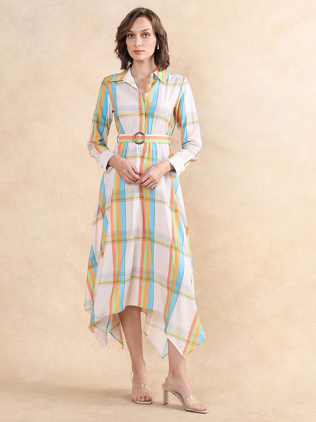 

RAREISM Women Checked Fit & Flare Belted Maxi Dress Pocket Detailing, White