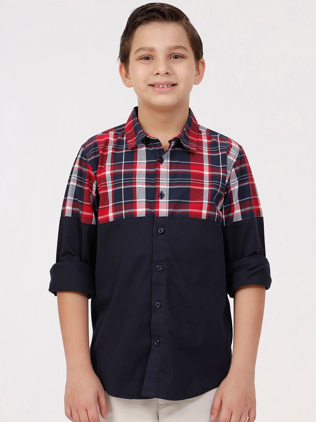 

KATE & OSCAR Boys Cutaway Collar Checked Cotton Casual Shirt, Navy blue