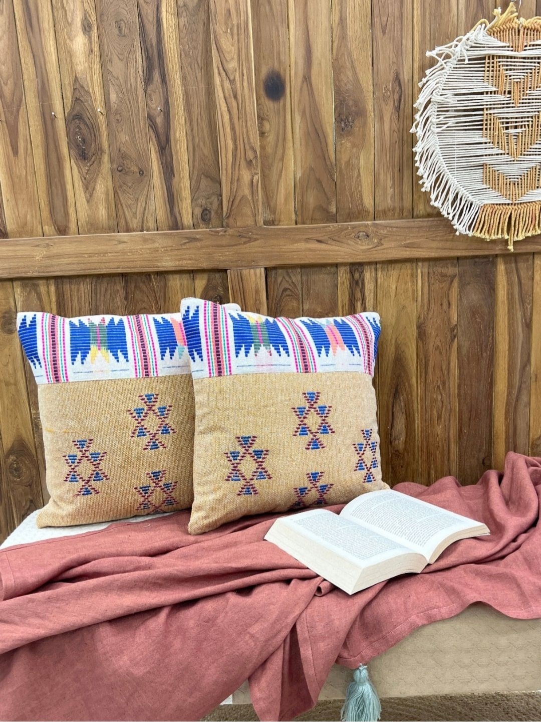 

Lyve Yellow & Blue 2 Pieces Geometric Embroidered Cotton Square Cushion Covers