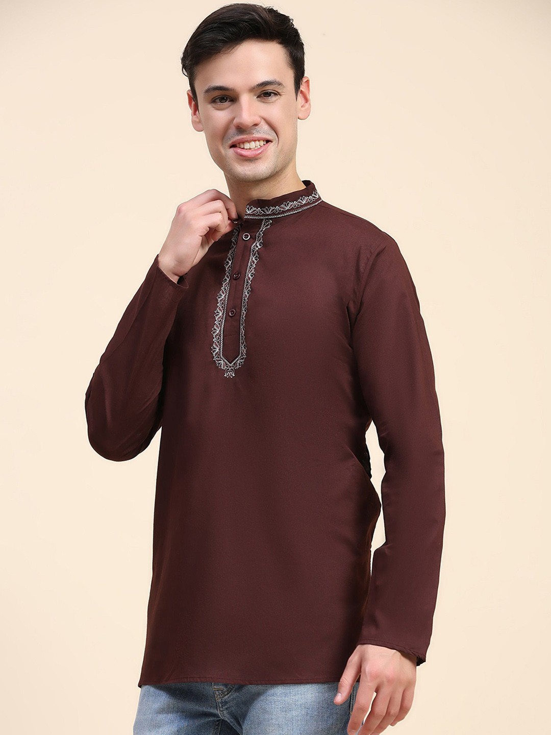 

SKAVIJ Band Collar Cotton Short Straight Kurta, Brown