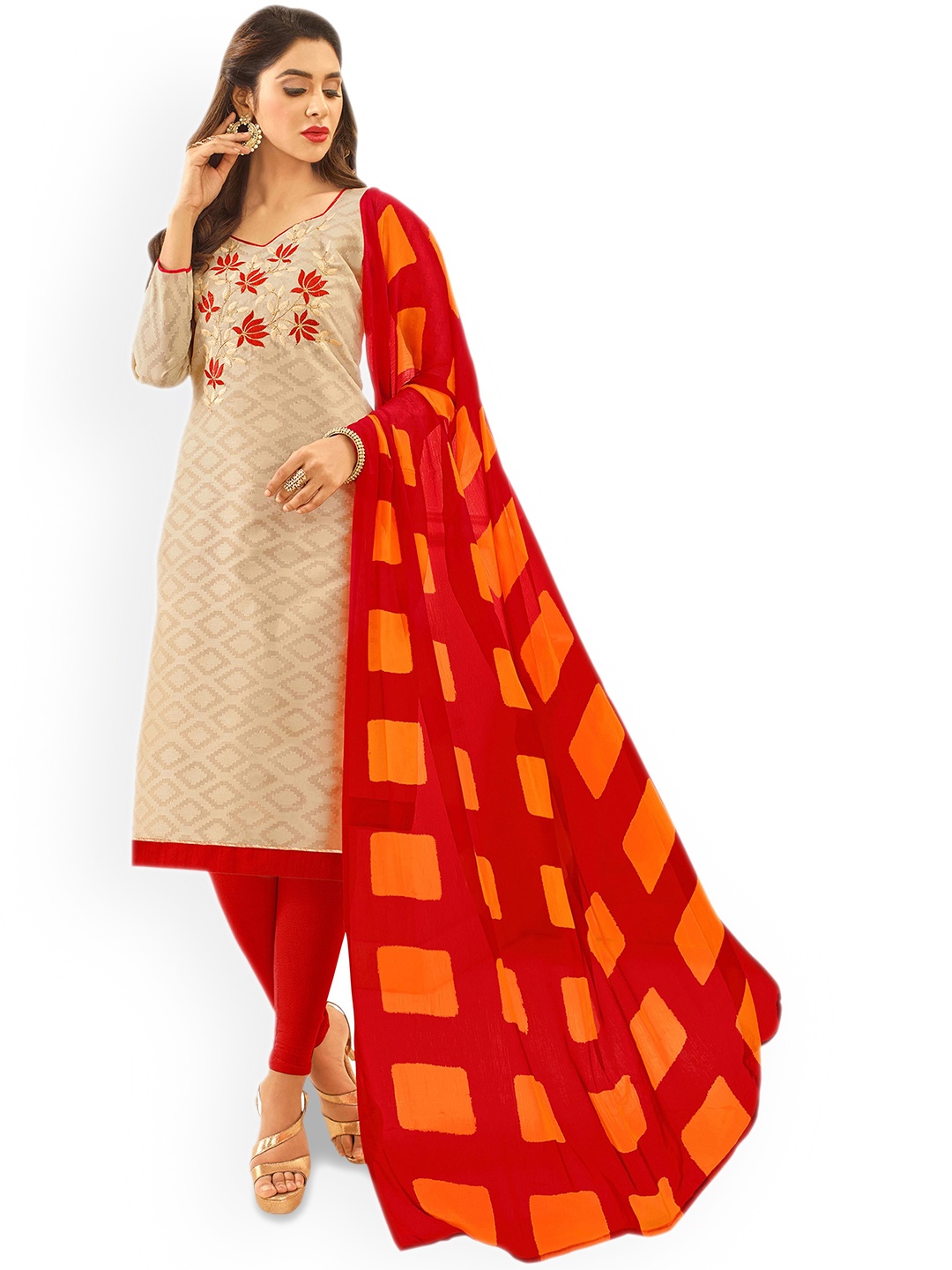 

Maroosh Floral Embroidered Unstitched Dress Material, Beige