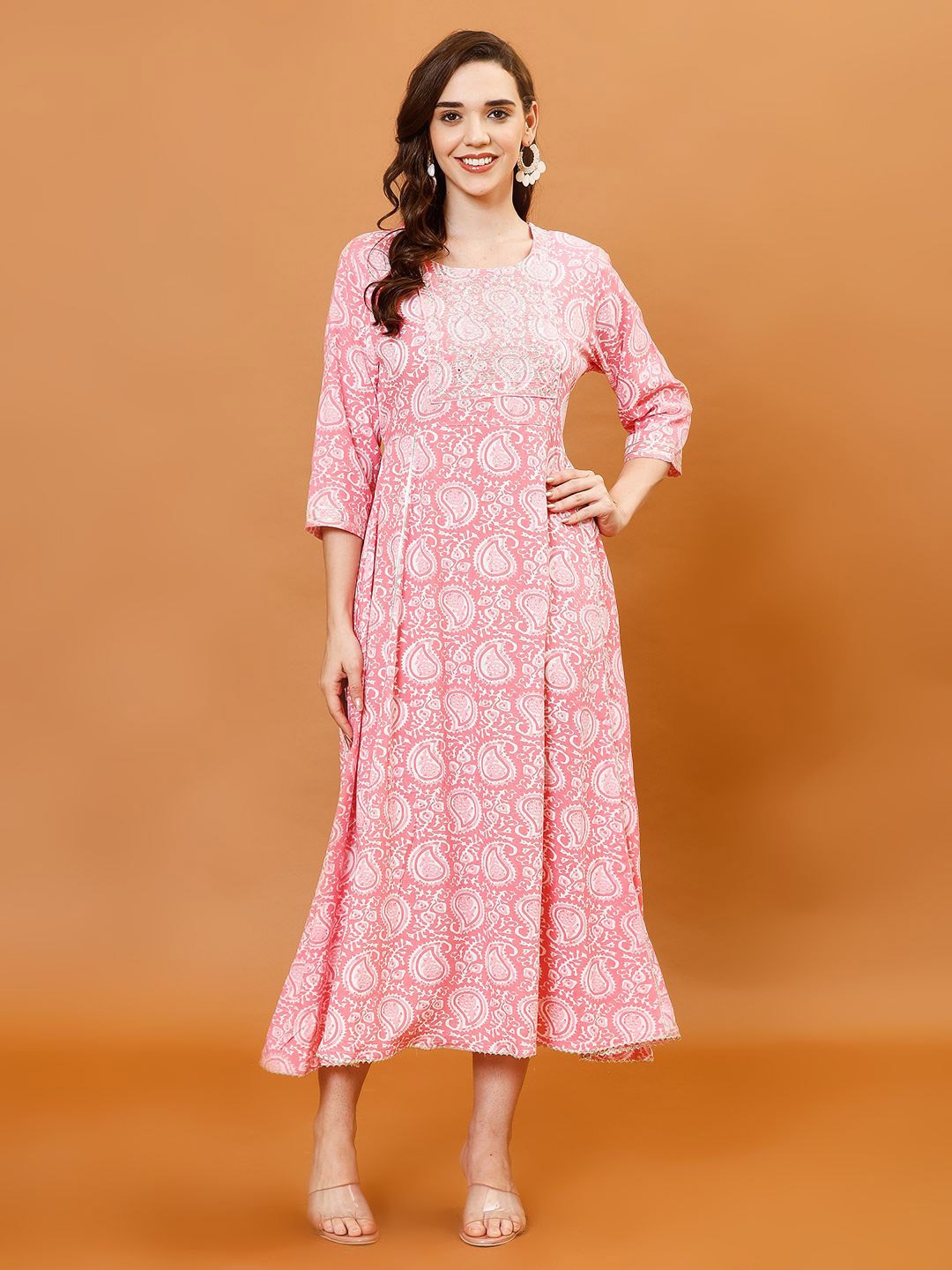 

Meena Bazaar Women Ethnic Motifs Printed Fit & Flare Midi Dress, Pink