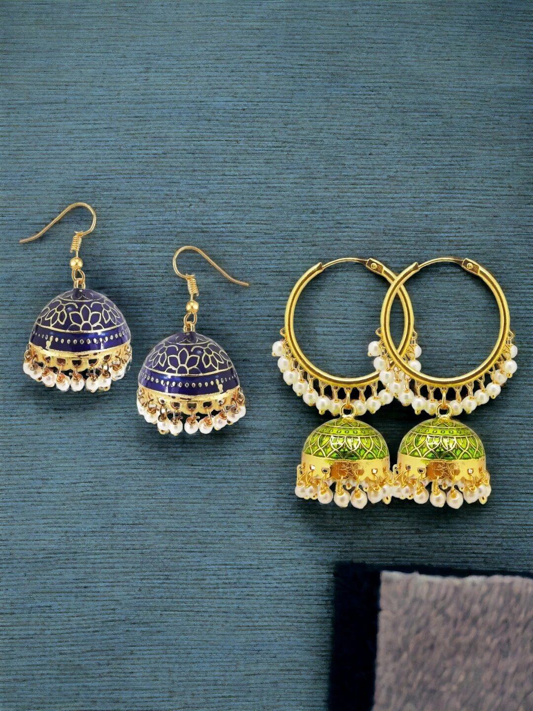 

9blings Set Of 2 Gold Plated Beaded Dome Shaped Meenakari Jhumkas, Navy blue