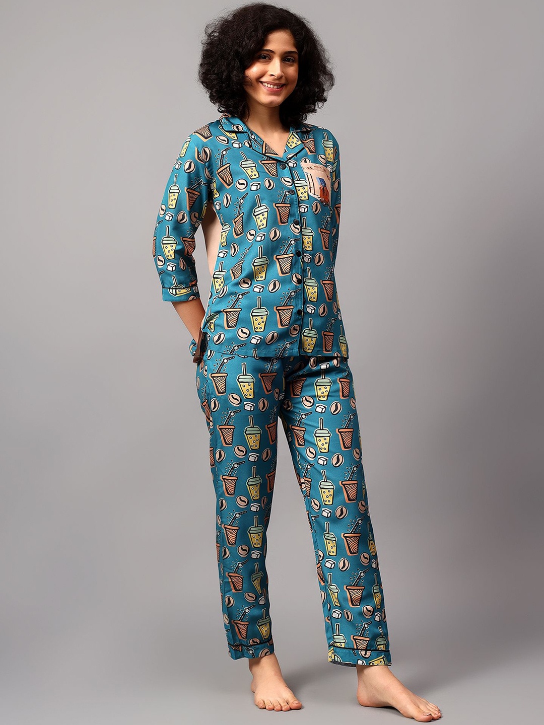 

LEAF ORIGINALS Women Printed Night suit, Teal