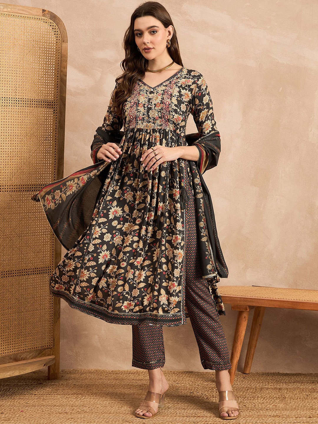 

all about you Black Floral Printed Pleated Chanderi Silk Kurta with Trouser & Dupatta